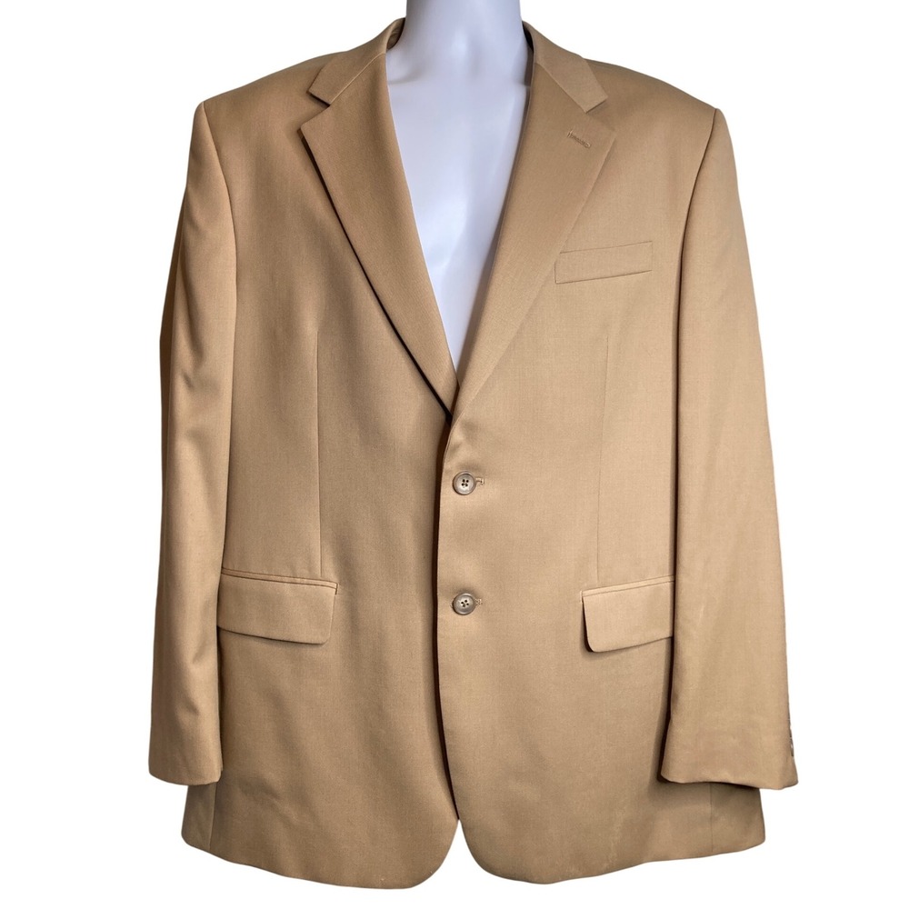 Vintage Woolmark Mens Classic Tan‎ Two Button Blazer Sz 42R Old Money Academia